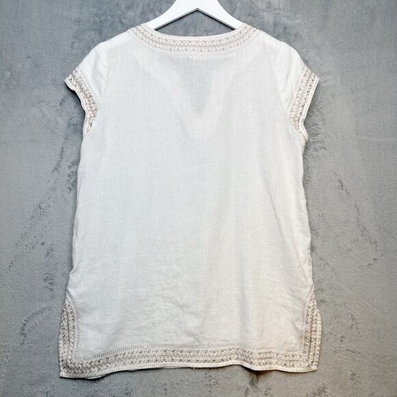Saint Tropez West Linen Metallic Embroidered Pop Over Blouse Top White Gold Sz M - Picture 6 of 8